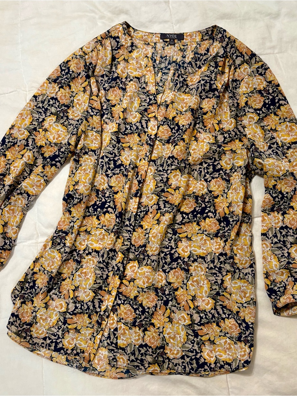 NYDJ Navy Floral Tunic with Mustard Rose Print